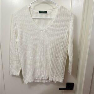 Lauren Ralph Lauren White 100% Cotton Cable Knit V-Neck Sweater - Size XS